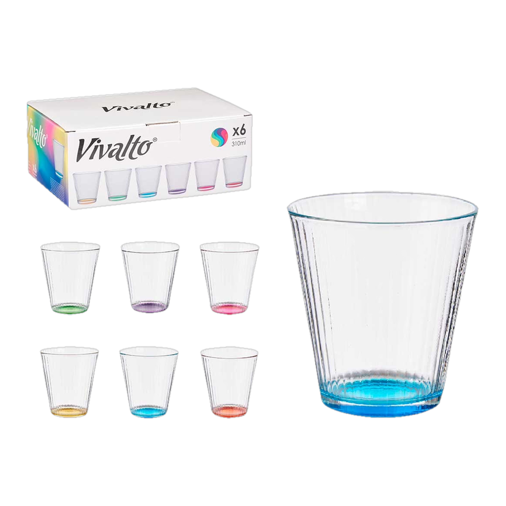 0002151400204 Vaso vidrio rayas transp color (Vivalto) set 6 ud. 310 ml - MercoCaribe